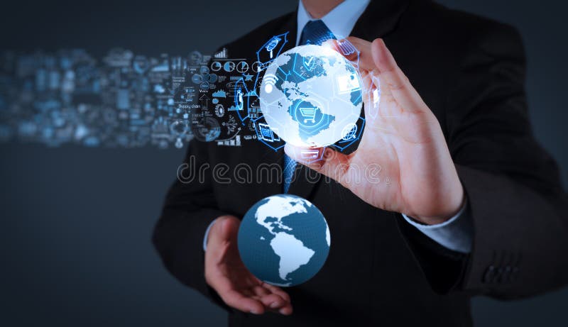 E-commerce concept with VR digital interface with icons of shopping cart and delivery truck and credit card with symbol of online purchase on internet.businessman showing the earth 3d and social network structure