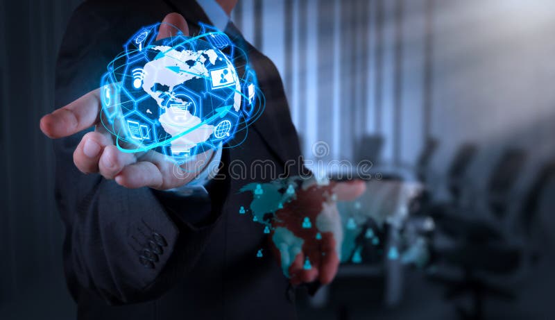 E-commerce concept with VR digital interface with icons of shopping cart and delivery truck and credit card with symbol of online purchase on internet.businessman working with new modern computer