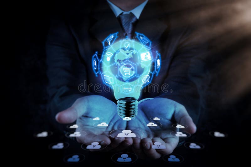 E-commerce concept with VR digital interface with icons of shopping cart and delivery truck and credit card with symbol of online purchase on internet.Businessman hand shows Light bulb with planet Earth as concept