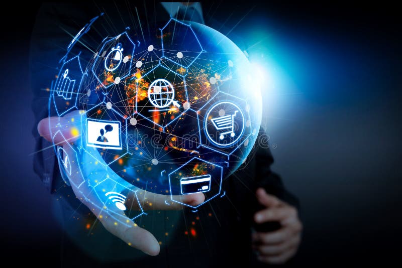 E-commerce concept with VR digital interface with icons of shopping cart and delivery truck and credit card with symbol of online stock photo