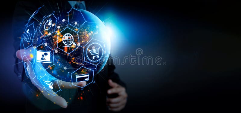 E-commerce concept with VR digital interface with icons of shopping cart and delivery truck and credit card with symbol of online purchase on internet.Hand holding Global world telecommunication network connected.Elements of this image furnished by NASA