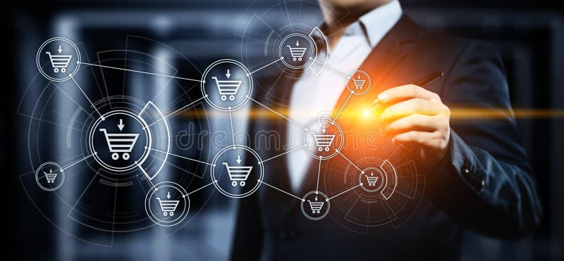 E-Commerce fügen hinzu, um on-line-Einkaufsgeschäftstechnologieinternet-Konzept zu karren lizenzfreie stockfotografie