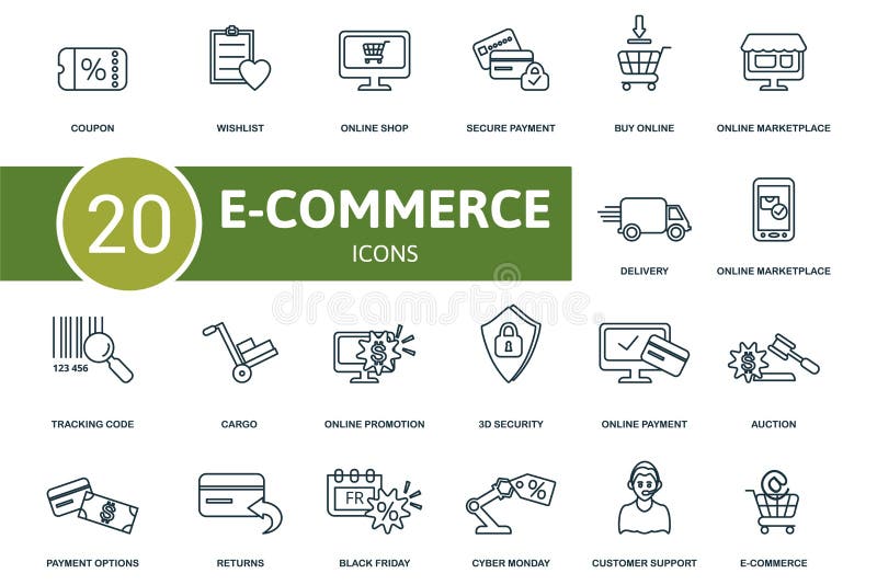 E-Commerce-Icon-Satz. Sammlung einfacher Elemente, wie z. B. die Coupon-Wunschliste Online Shop App Tracking Code lizenzfreie abbildung