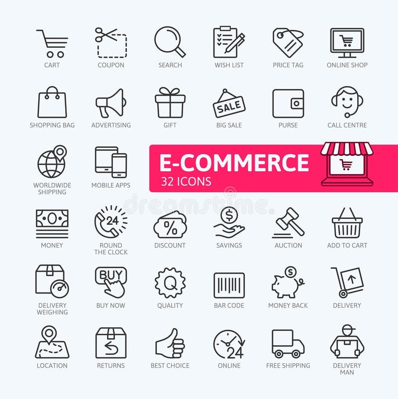 E-commerce, online shopping and delivery elements web icon set - outline icon set stock illustration