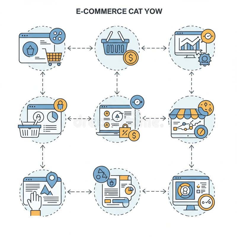 E-commerce process flowchart with connected icons illustrating various stages: stock illustration