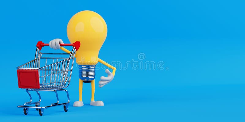 E-Commerce And Shopping Concept. Galben Lumina Bec Caracter Holding Gol Coș de cumpărături 3d Redare vector illustration