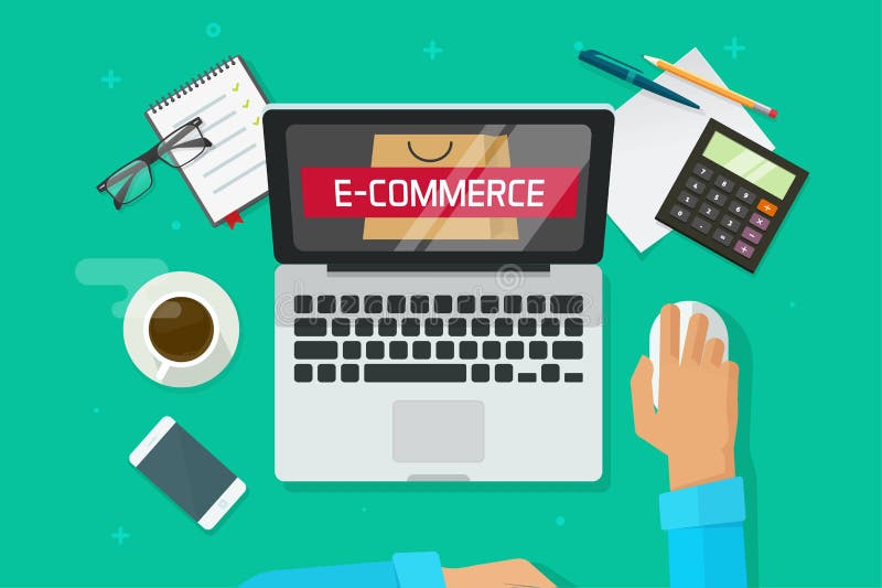 E-commerce store on laptop, person working on computer analyzing ecommerce vector, developer working on desktop top view royalty free illustration