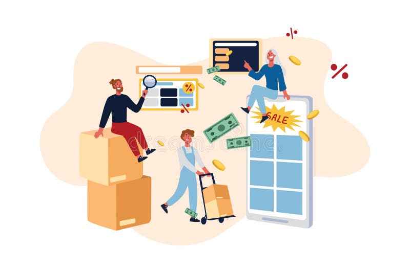 E-commerce websites discount offers, holiday sale, shoppers searching for best price, ordering products online royalty free illustration E-commerce websites discount offers, holiday sale, shoppers searching for best price, ordering products online royalty free illustration