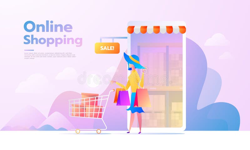 E-commercekoper Internet-punten Banner jonge vrouw die online winkelen Vector graphhics Op elkaar inwerkende mensen vector illustratie E-commercekoper Internet-punten Banner jonge vrouw die online winkelen Vector graphhics Op elkaar inwerkende mensen vector illustratie