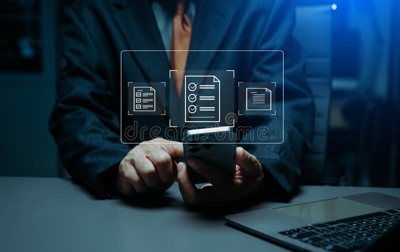E-document management Paperless workplace, e-signing, electronic signature, document management. businessman signs royalty free stock images