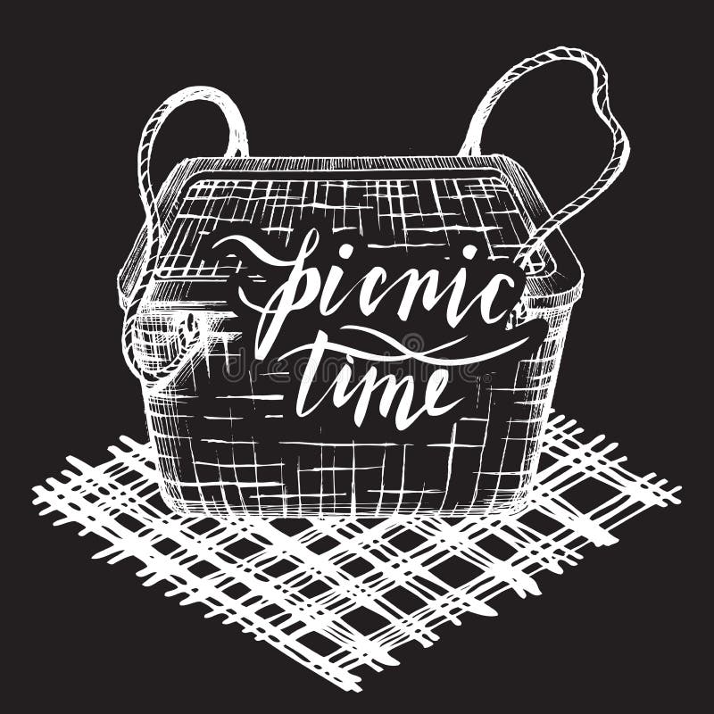E Elemento per uno scarabocchio stile picnic su un fondo nero del bordo Canestro e mano di vimini di picnic royalty illustrazione gratis E Elemento per uno scarabocchio stile picnic su un fondo nero del bordo Canestro e mano di vimini di picnic royalty illustrazione gratis
