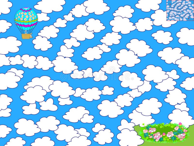 E Help de luchtballon de manier vinden om tussen de wolken en het land in de weide te vliegen vector illustratie E Help de luchtballon de manier vinden om tussen de wolken en het land in de weide te vliegen vector illustratie