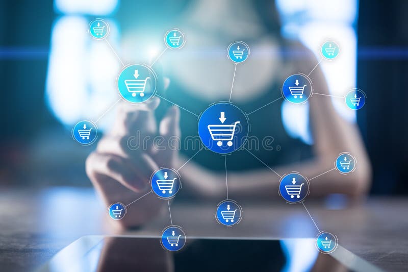 E-kommers online-shopping, internetaffärsidé på den faktiska skärmen royaltyfri illustrationer E-kommers online-shopping, internetaffärsidé på den faktiska skärmen royaltyfri illustrationer