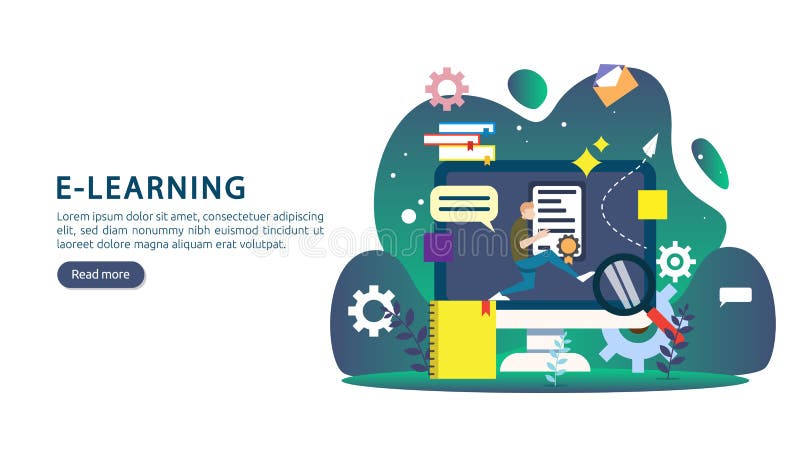 E-learning concept with computer, book and tiny people character in study process. E-book or online education. template for web stock illustration E-learning concept with computer, book and tiny people character in study process. E-book or online education. template for web stock illustration