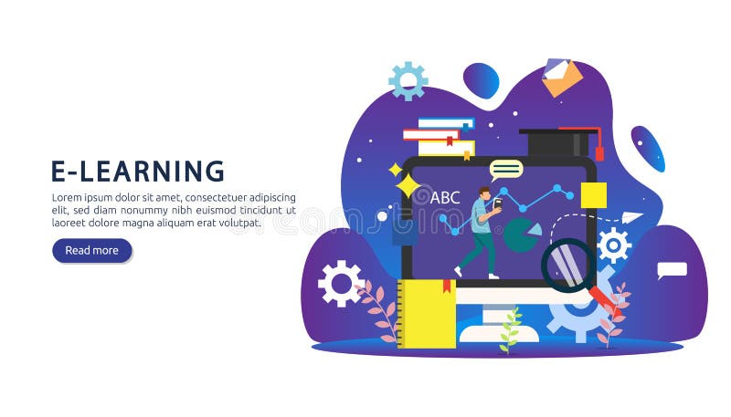 E-learning concept with computer, book and tiny people character in study process. E-book or online education. template for web stock illustration E-learning concept with computer, book and tiny people character in study process. E-book or online education. template for web stock illustration