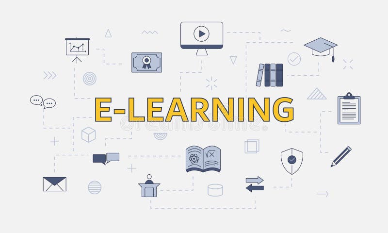 E-learning concept with icon set with big word or text on center stock illustration