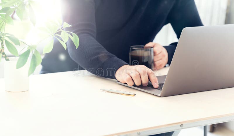 E Learning Concept Man Sit At Desk Look At Pc Screen Listened