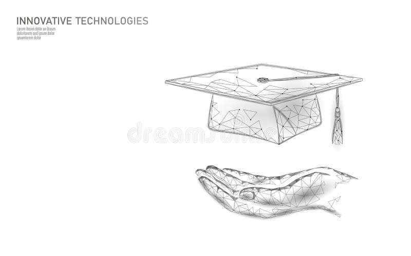 E-learning distance graduate certificate program concept. Low poly 3D render graduation cap on planet Earth World map