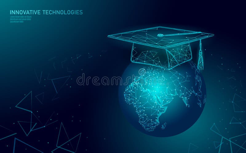 E-learning distance graduate certificate program concept. Low poly 3D render graduation cap on planet Earth World map