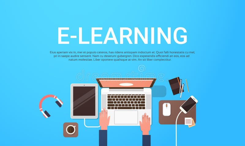 E-learning Education Online Banner With Student Laptop Computer Workplace Top View Background With Copy Space vector illustration