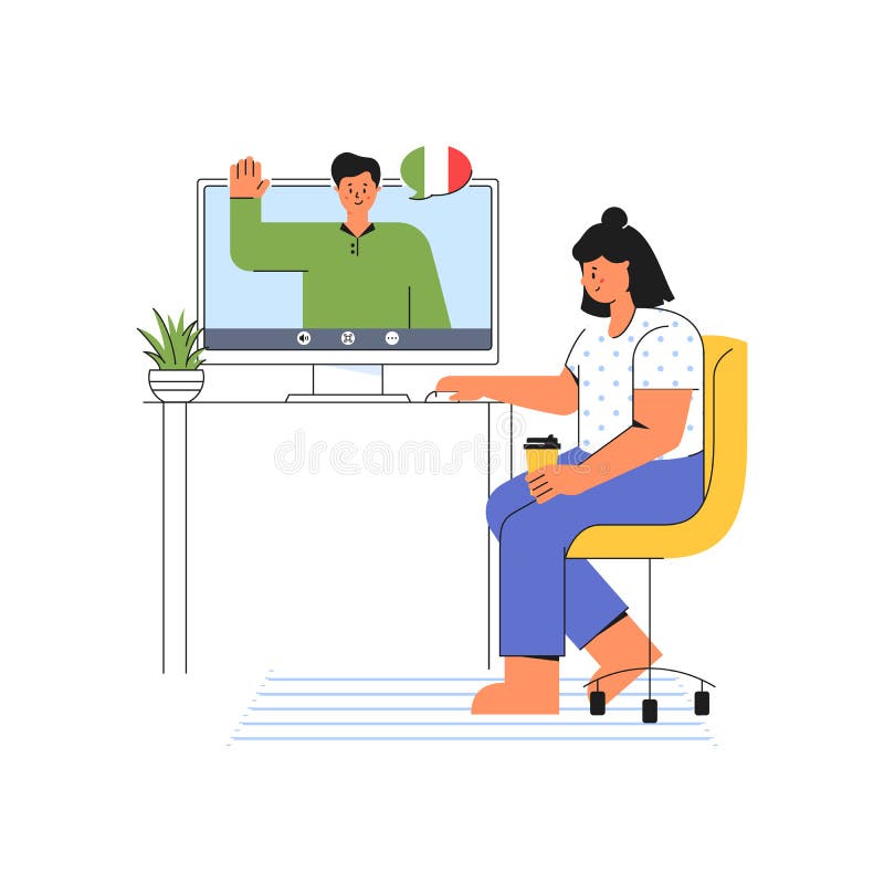 E-learning of the Italian language. A girl studying online course vector illustration