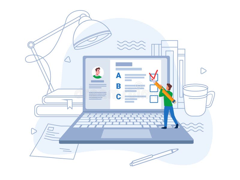E-learning online exam student writing test laptop vector illustration