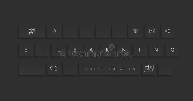 E-learning vector concept design. Elearning text in key board element with educational icons for online education stock illustration