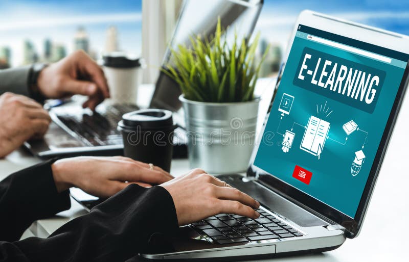 E-learning website with modish sofware for student to study on the internet stock photos