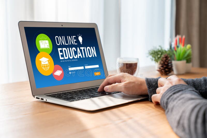E-learning website with modish sofware for student to study on the internet stock photos