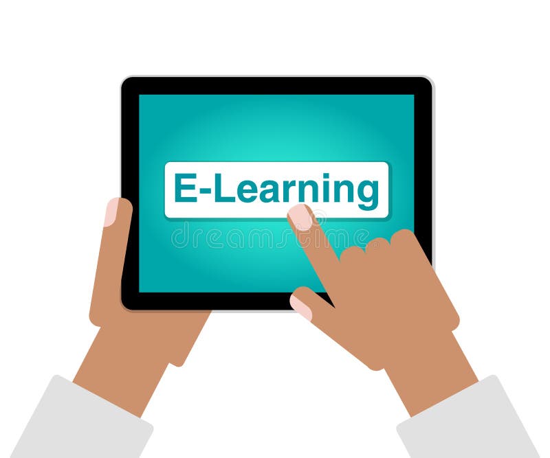 E-lerend concept als handenvinger die Online Onderwijs op tabletcomputer kiezen royalty-vrije illustratie E-lerend concept als handenvinger die Online Onderwijs op tabletcomputer kiezen royalty-vrije illustratie