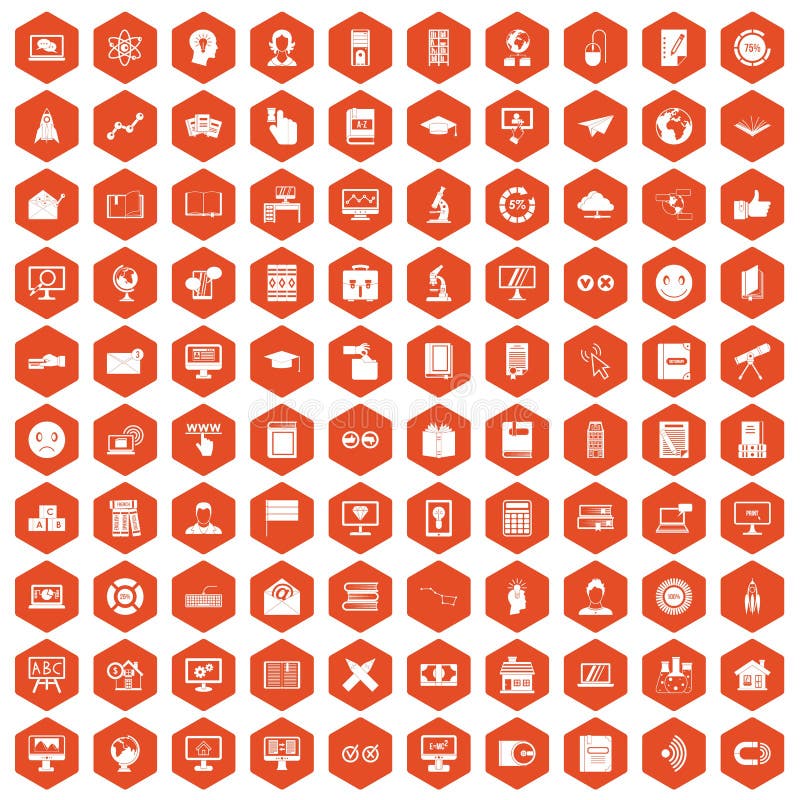 100 e-learning icons set in orange hexagon isolated vector illustration. 100 e-learning icons set in orange hexagon isolated vector illustration