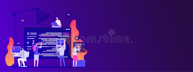 E Les concepteurs et les programers créent le site d'entreprise - concept vide de vecteur d'espace illustration libre de droits E Les concepteurs et les programers créent le site d'entreprise - concept vide de vecteur d'espace illustration libre de droits