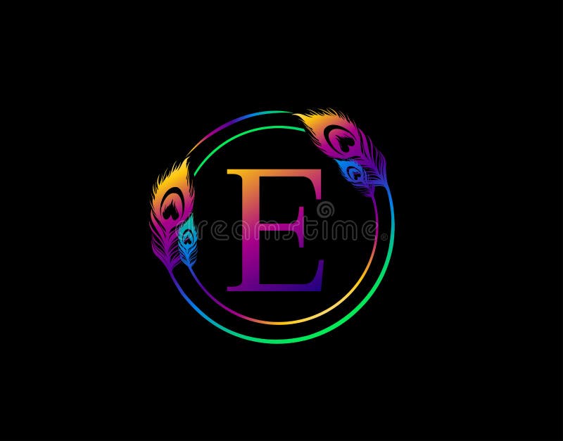 E Letter Decorated With Exotic Peacock Feather. Circle Badge With Peacock Feather stock illustration