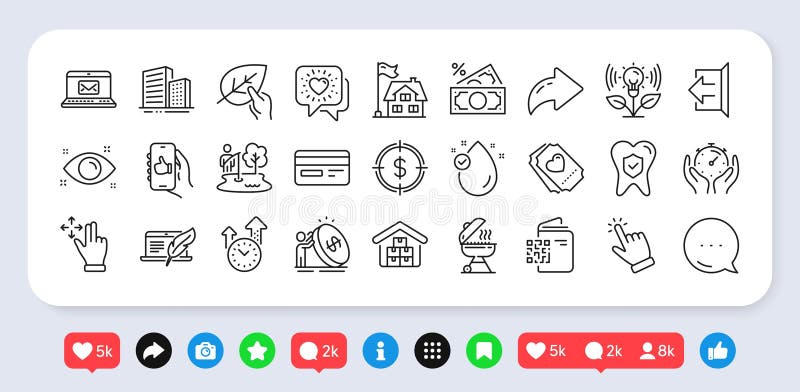 E-Mail Organgetestet und Melden Sie Line Icons Pack an. Webapplikationen. Symbole der sozialen Medien. Vector. Soziale Medien : Kommentare wie Symbole. Ticket für BauLiebe Dentalversicherung - Symbol. Geldsteuer Wie App Buildings Piktogramm.