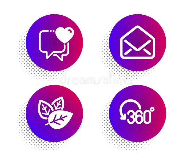 E-Mail-, Organic- und Herz-Icons-Set. Volles Rotationszeichen. E-Mail, Bio-Zutaten, Love Chat. 360 Grad. Vektor stock abbildung
