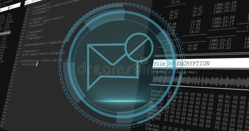 E-postkrypteringsanimering över datorkod och databehandling royaltyfri illustrationer