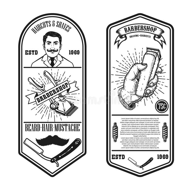 Faltblatt für den Friseursalon Gentleman, Barberstuhl und Werkzeuge Designelement für Embleme, Zeichen, Plakate, Karten, Banner Vector-Illustration