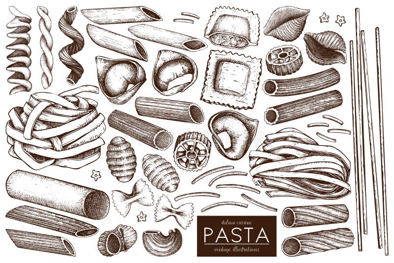 Kitchen collection of traditional Italian pasta with names. Hand drawn food sketch set. Vintage illustration for cafe or restaurant design. Kitchen collection of traditional Italian pasta with names. Hand drawn food sketch set. Vintage illustration for cafe or restaurant design.