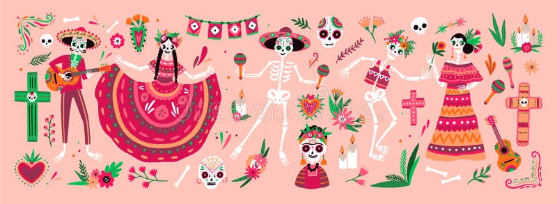 Bundle of Mexican Dia de los Muertos symbols - skeletons dressed in national folk costumes playing guitar, maracas or dancing and celebrating holiday. Traditional festive vector illustration. Bundle of Mexican Dia de los Muertos symbols - skeletons dressed in national folk costumes playing guitar, maracas or dancing and celebrating holiday. Traditional festive vector illustration