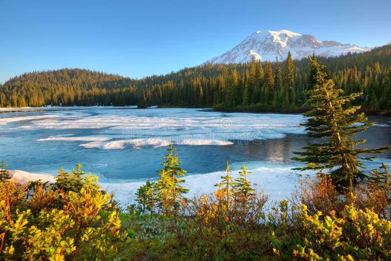 Frozen Reflection Lake and  Mount Rainier at Mount Rainier National Park, Washington State, USA. Frozen Reflection Lake and  Mount Rainier at Mount Rainier National Park, Washington State, USA