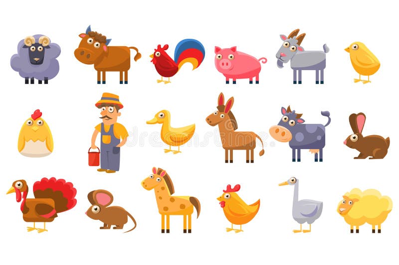 Farm animals set, male farmer, livestock and pets cartoon vector Illustrations isolated on a white background. Farm animals set, male farmer, livestock and pets cartoon vector Illustrations isolated on a white background.