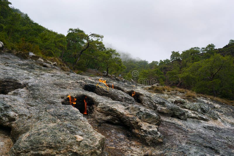 Cirali, Antalya/Turkey-January 01, 2018: Chimera, burning rocks are remarkable spot ot the trail of Lycian way near Cirali, Antalya. Cirali, Antalya/Turkey-January 01, 2018: Chimera, burning rocks are remarkable spot ot the trail of Lycian way near Cirali, Antalya