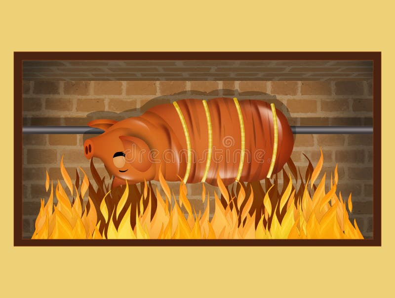 Carne Asada Del Cerdo Sobre Un Fuego Cocinar El Cerdo En Un Rotisserie