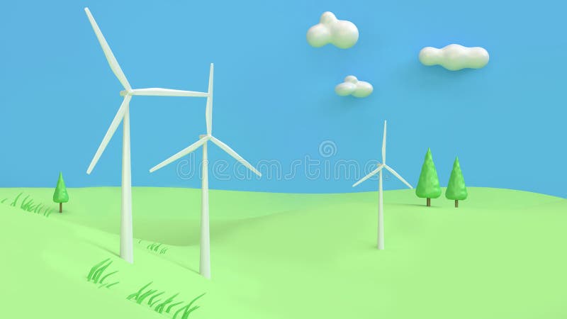 Wind turbine green hill blue sky cartoon style abstract 3d rendering,renewable energy environment save earth concept