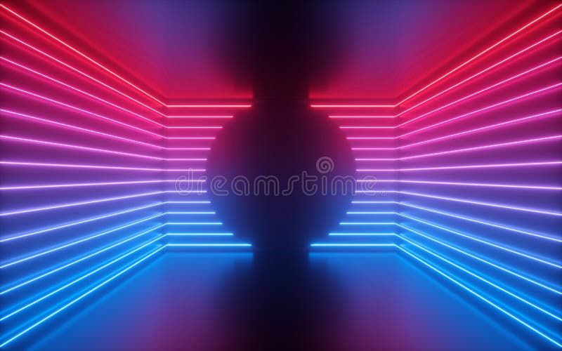 3d render of red blue neon lines, round shape inside empty room, virtual space, ultraviolet light, 80`s style, retro disco club interior, fashion show stage, abstract background