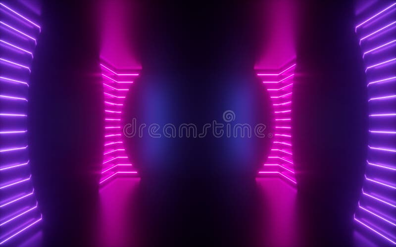 3d render of pink neon lines, round shape inside empty room, virtual space, ultraviolet light, 80`s style, retro disco club interior, fashion show stage, abstract background