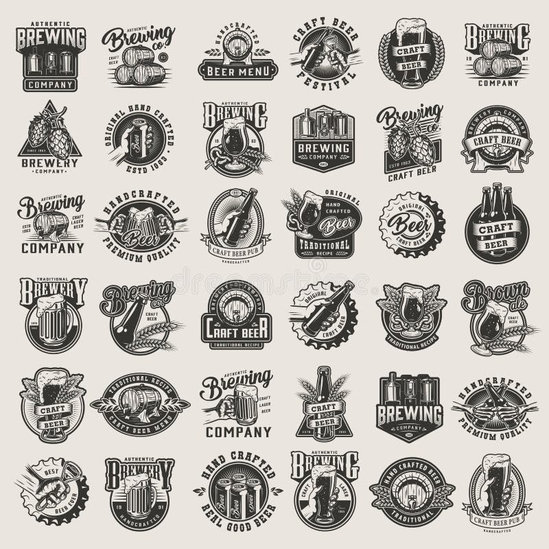 Vintage monochrome beer designs big set with brewing emblems badges prints and labels on light background isolated vector illustration