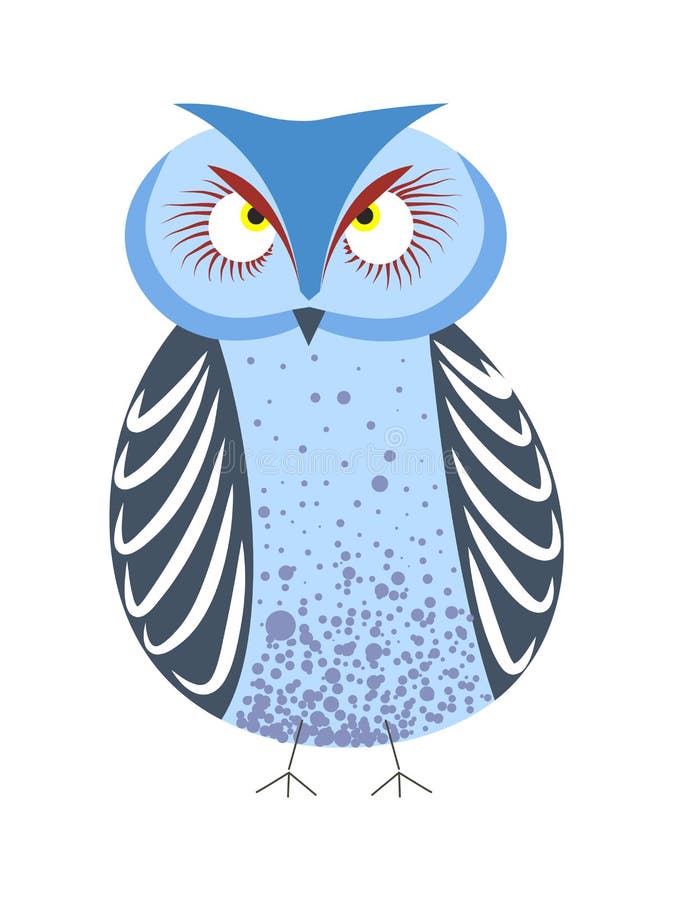 Owl wild forest bird red and blue plumage big eyes vector isolated night predator wildlife wisdom and knowledge symbol bulging eyeballs ornate feathers zoo biology species ornithology wing and beak.