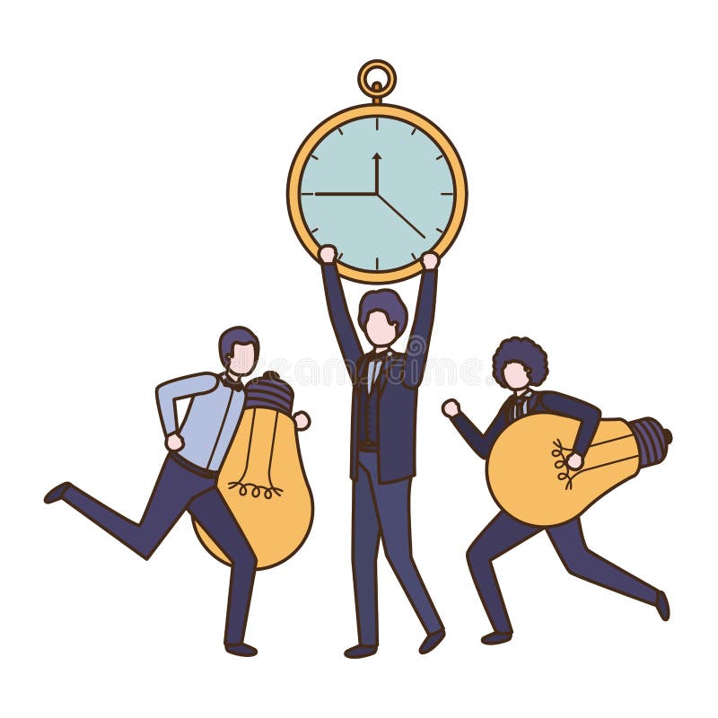 Businessmen with clock and light bulb character vector illustration desing