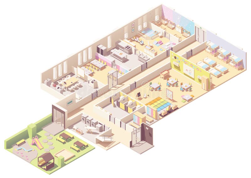 Vector isometric Kindergarten building cross-section. Infant and toddler daycare room, preschool classroom, nap room, outdoor playground, kitchen, toilets and wardrobe. Vector isometric Kindergarten building cross-section. Infant and toddler daycare room, preschool classroom, nap room, outdoor playground, kitchen, toilets and wardrobe